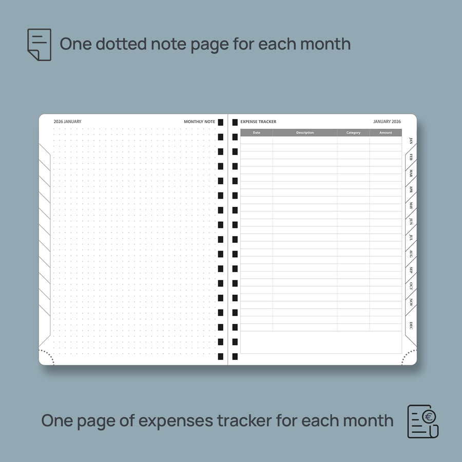 POPRUN Monthly Planner 2025-2026 Spiral Bound (8.5'' x 10.5'') 18 Months Calendar (Jul 2025 - Dec 2026) - 4 Pages per Month with Monthly Expense & Notes, Sunday Start, Leather Cover - Grey