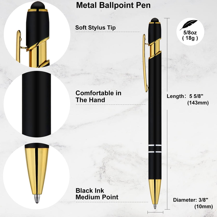 12 Pack Black Gold Ballpoint Pen with Stylus Tip, 1.0 mm Black Ink Smooth Writing Pens, Metal Stylus Pens for Touch Screens