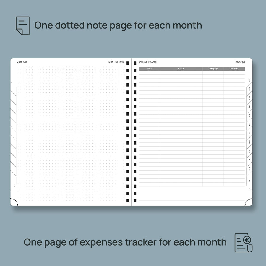 POPRUN Monthly Planner 2025-2026 Spiral Bound (8.5'' x 10.5'') 18 Months Calendar (Jul 2025 - Dec 2026) - 4 Pages per Month with Monthly Expense & Notes, Sunday Start, Leather Cover - Grey