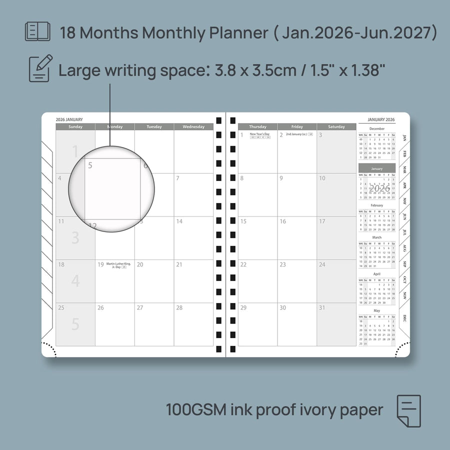 POPRUN Monthly Planner 2025-2026 Spiral Bound (8.5'' x 10.5'') 18 Months Calendar (Jul 2025 - Dec 2026) - 4 Pages per Month with Monthly Expense & Notes, Sunday Start, Leather Cover - Grey