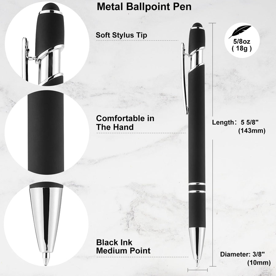 12 Pack Black Gold Ballpoint Pen with Stylus Tip, 1.0 mm Black Ink Smooth Writing Pens, Metal Stylus Pens for Touch Screens