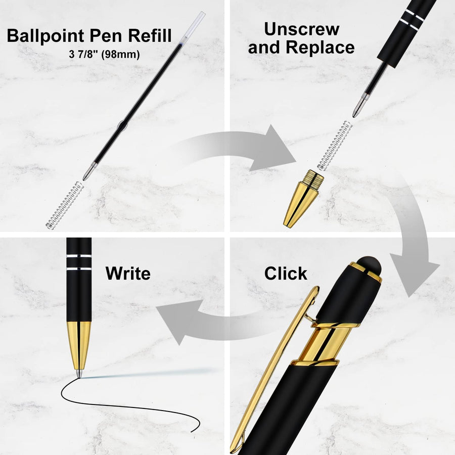 12 Pack Black Gold Ballpoint Pen with Stylus Tip, 1.0 mm Black Ink Smooth Writing Pens, Metal Stylus Pens for Touch Screens