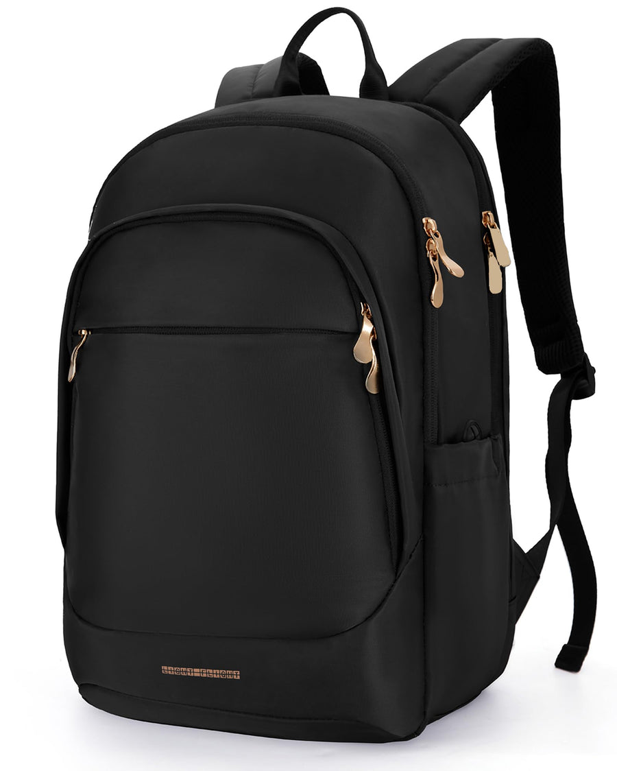 LIGHT FLIGHT Travel Laptop Backpack Women, 15.6 Inch Laptop Backpack with USB Charging Hole, Water Resistant College Bookbag, Black Computer Backpacks for Work, Champagne