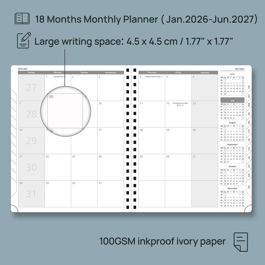 POPRUN Monthly Planner 2025-2026 Spiral Bound (8.5'' x 10.5'') 18 Months Calendar (Jul 2025 - Dec 2026) - 4 Pages per Month with Monthly Expense & Notes, Sunday Start, Leather Cover - Grey