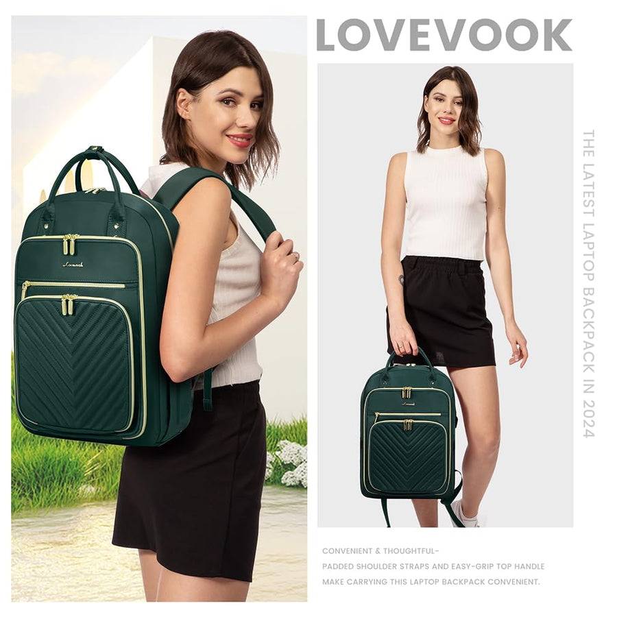 15.6 Inch Laptop Backpack for Women,Fashion Work Travel Backpack,Waterproof Day Pack Purse for Teacher Nurse Dark Green