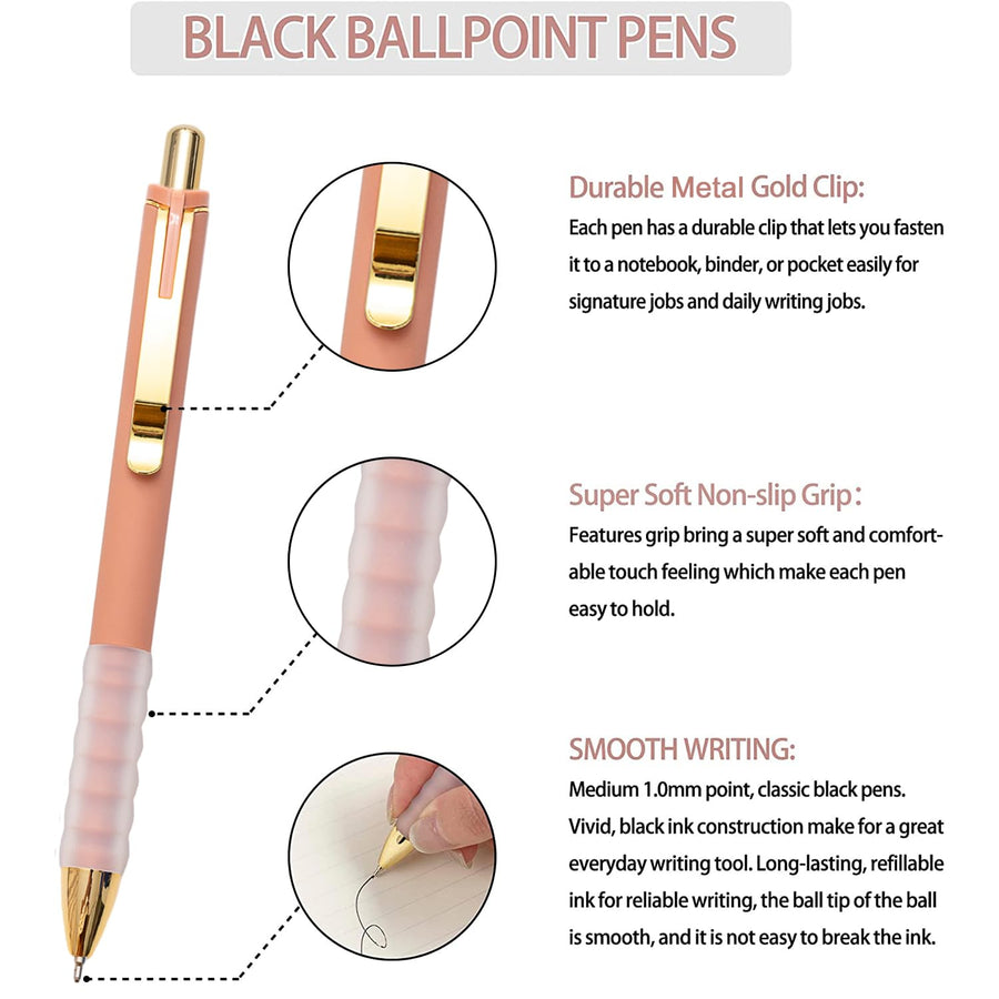 Ballpoint Pens Black Medium Point 1mm Pen with Super Soft Grip Ball Point Pen for Men Women Retractable Pens (gold-12 pcs)