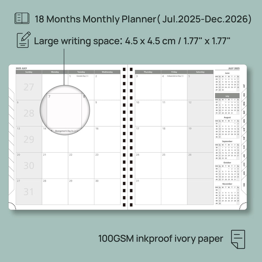 POPRUN Monthly Planner 2025-2026 Spiral Bound (8.5'' x 10.5'') 18 Months Calendar (Jul 2025 - Dec 2026) - 4 Pages per Month with Monthly Expense & Notes, Sunday Start, Leather Cover - Grey