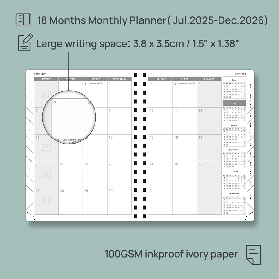 POPRUN Monthly Planner 2025-2026 Spiral Bound (8.5'' x 10.5'') 18 Months Calendar (Jul 2025 - Dec 2026) - 4 Pages per Month with Monthly Expense & Notes, Sunday Start, Leather Cover - Grey