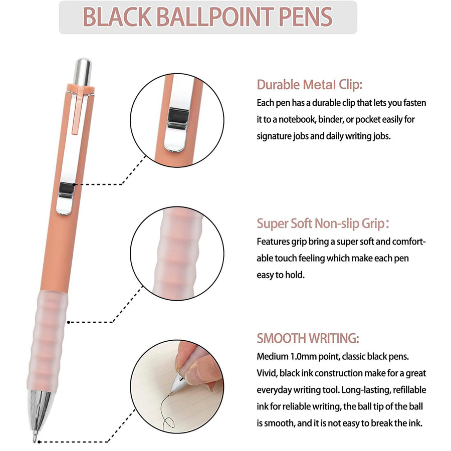 Ballpoint Pens Black Medium Point 1mm Pen with Super Soft Grip Ball Point Pen for Men Women Retractable Pens (gold-12 pcs)