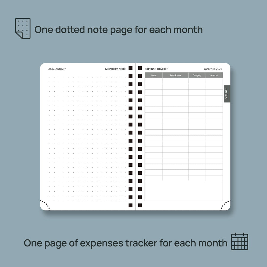 POPRUN Monthly Planner 2025-2026 Spiral Bound (8.5'' x 10.5'') 18 Months Calendar (Jul 2025 - Dec 2026) - 4 Pages per Month with Monthly Expense & Notes, Sunday Start, Leather Cover - Grey