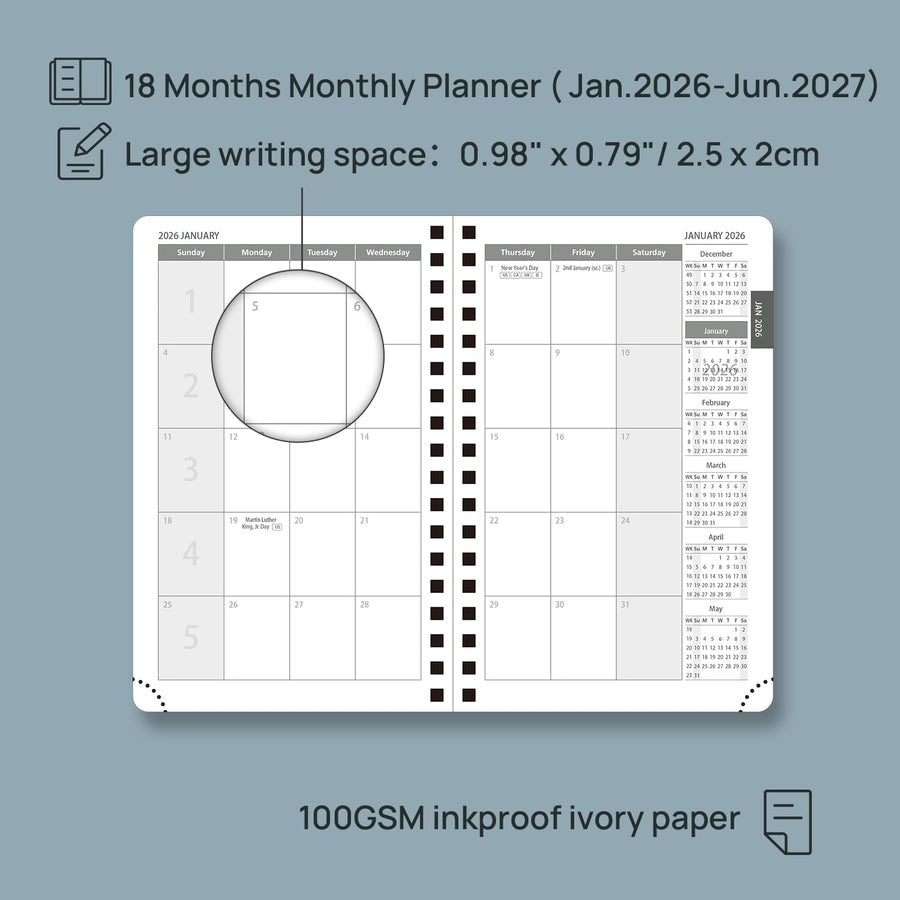POPRUN Monthly Planner 2025-2026 Spiral Bound (8.5'' x 10.5'') 18 Months Calendar (Jul 2025 - Dec 2026) - 4 Pages per Month with Monthly Expense & Notes, Sunday Start, Leather Cover - Grey