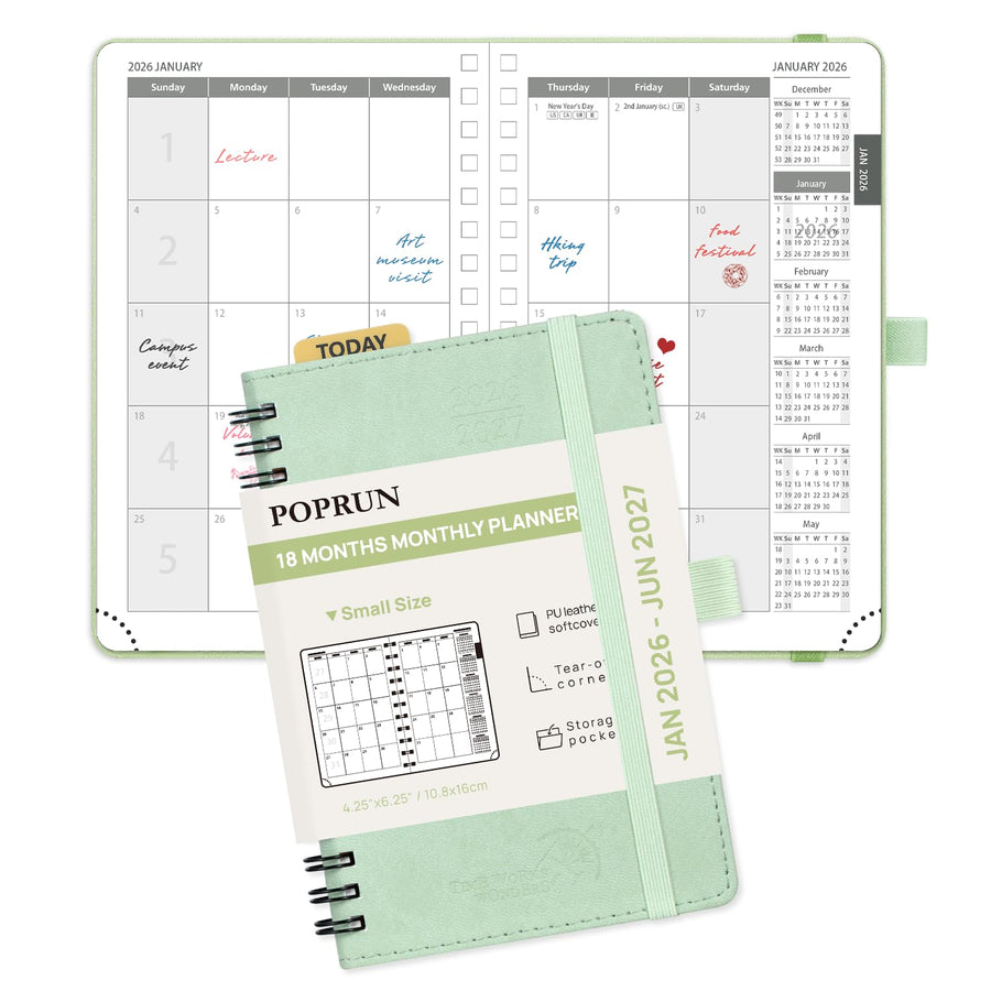 POPRUN Monthly Planner 2025-2026 Spiral Bound (8.5'' x 10.5'') 18 Months Calendar (Jul 2025 - Dec 2026) - 4 Pages per Month with Monthly Expense & Notes, Sunday Start, Leather Cover - Grey