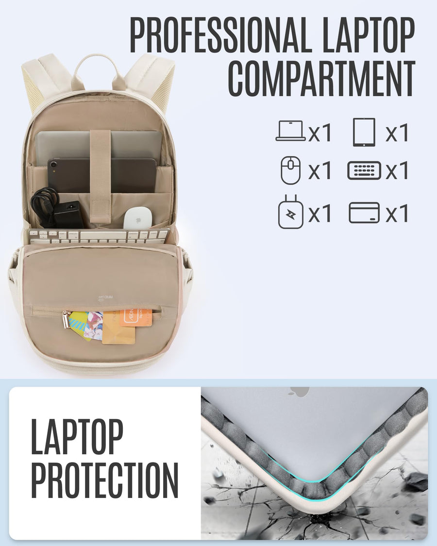 LIGHT FLIGHT Travel Laptop Backpack Women, 15.6 Inch Laptop Backpack with USB Charging Hole, Water Resistant College Bookbag, Black Computer Backpacks for Work, Champagne