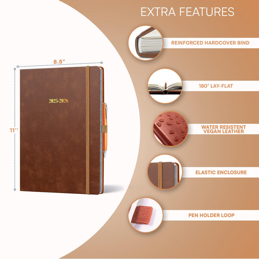 Ensight 2025-2026 HARDCOVER Leather Planner Weekly & Monthly - 8.5x11 Inches - Academic Planner Business Personal or Student - Pen Holder, Thick Paper, July 2025 - June 2026 (Brown)