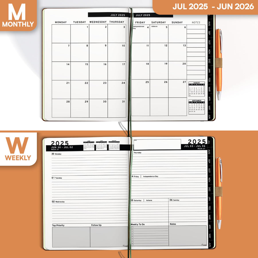 Ensight 2025-2026 HARDCOVER Leather Planner Weekly & Monthly - 8.5x11 Inches - Academic Planner Business Personal or Student - Pen Holder, Thick Paper, July 2025 - June 2026 (Brown)