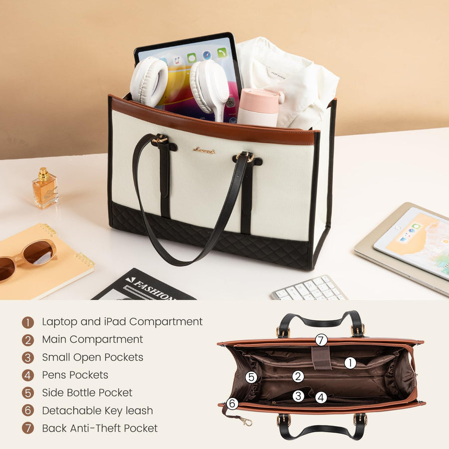 Laptop Bag for Women 15.6 inch Canvas Laptop Tote Bag, Large Capacity Work Bag with Clutch Purse, Computer Bag Office Business Briefcase, Casual Handbag for Travel College Teacher School