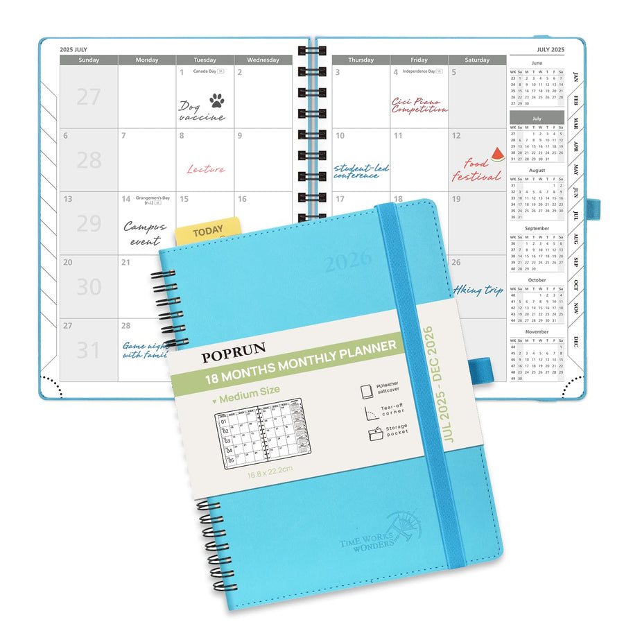 POPRUN Monthly Planner 2025-2026 Spiral Bound (8.5'' x 10.5'') 18 Months Calendar (Jul 2025 - Dec 2026) - 4 Pages per Month with Monthly Expense & Notes, Sunday Start, Leather Cover - Grey