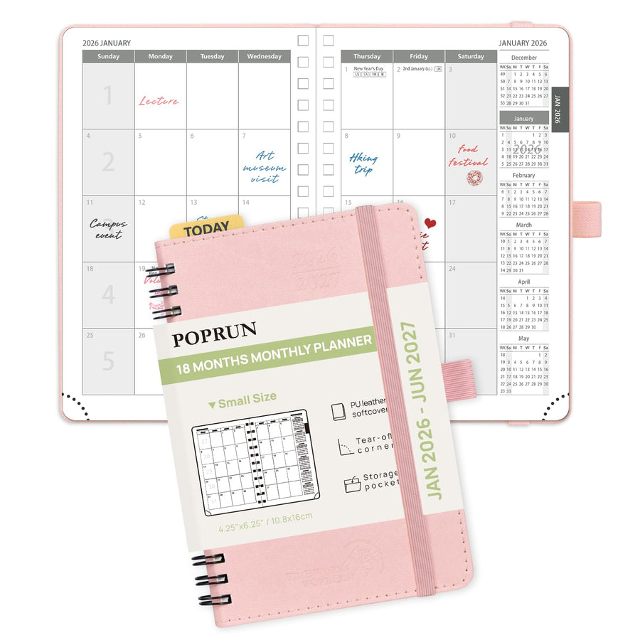POPRUN Monthly Planner 2025-2026 Spiral Bound (8.5'' x 10.5'') 18 Months Calendar (Jul 2025 - Dec 2026) - 4 Pages per Month with Monthly Expense & Notes, Sunday Start, Leather Cover - Grey
