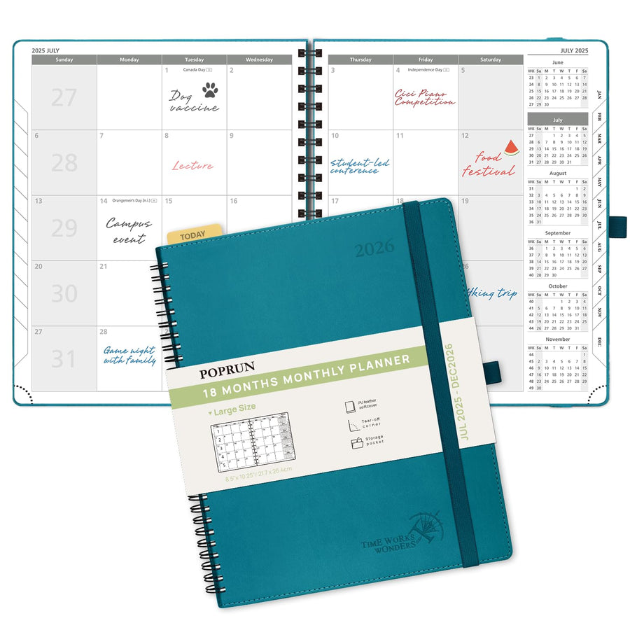 POPRUN Monthly Planner 2025-2026 Spiral Bound (8.5'' x 10.5'') 18 Months Calendar (Jul 2025 - Dec 2026) - 4 Pages per Month with Monthly Expense & Notes, Sunday Start, Leather Cover - Grey