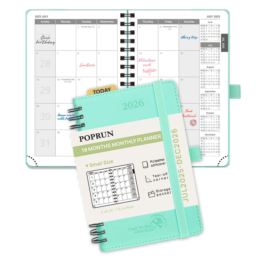 POPRUN Monthly Planner 2025-2026 Spiral Bound (8.5'' x 10.5'') 18 Months Calendar (Jul 2025 - Dec 2026) - 4 Pages per Month with Monthly Expense & Notes, Sunday Start, Leather Cover - Grey