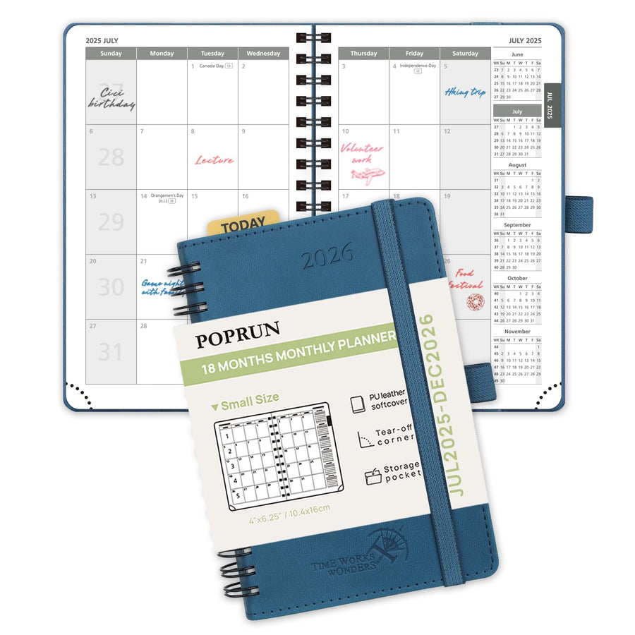 POPRUN Monthly Planner 2025-2026 Spiral Bound (8.5'' x 10.5'') 18 Months Calendar (Jul 2025 - Dec 2026) - 4 Pages per Month with Monthly Expense & Notes, Sunday Start, Leather Cover - Grey