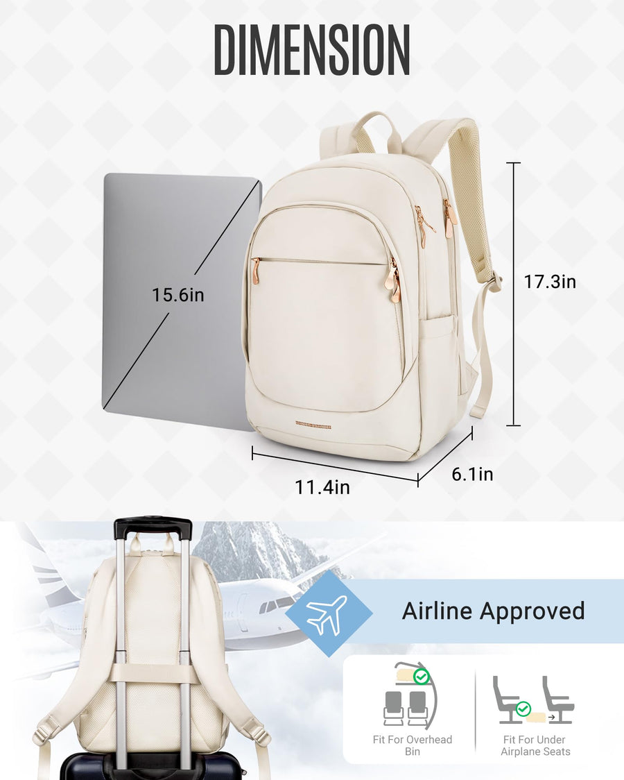LIGHT FLIGHT Travel Laptop Backpack Women, 15.6 Inch Laptop Backpack with USB Charging Hole, Water Resistant College Bookbag, Black Computer Backpacks for Work, Champagne