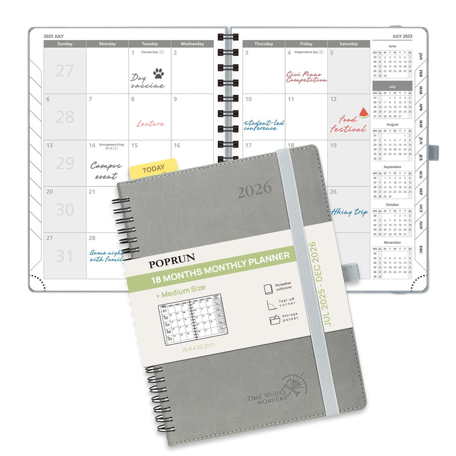 POPRUN Monthly Planner 2025-2026 Spiral Bound (8.5'' x 10.5'') 18 Months Calendar (Jul 2025 - Dec 2026) - 4 Pages per Month with Monthly Expense & Notes, Sunday Start, Leather Cover - Grey