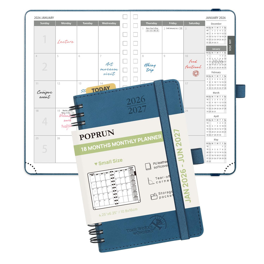 POPRUN Monthly Planner 2025-2026 Spiral Bound (8.5'' x 10.5'') 18 Months Calendar (Jul 2025 - Dec 2026) - 4 Pages per Month with Monthly Expense & Notes, Sunday Start, Leather Cover - Grey