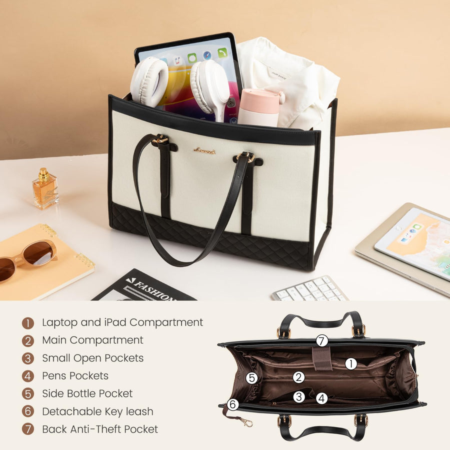 Laptop Bag for Women 15.6 inch Canvas Laptop Tote Bag, Large Capacity Work Bag with Clutch Purse, Computer Bag Office Business Briefcase, Casual Handbag for Travel College Teacher School