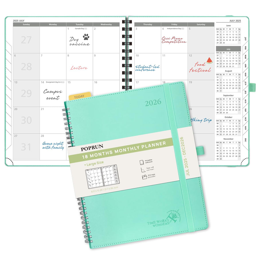 POPRUN Monthly Planner 2025-2026 Spiral Bound (8.5'' x 10.5'') 18 Months Calendar (Jul 2025 - Dec 2026) - 4 Pages per Month with Monthly Expense & Notes, Sunday Start, Leather Cover - Grey