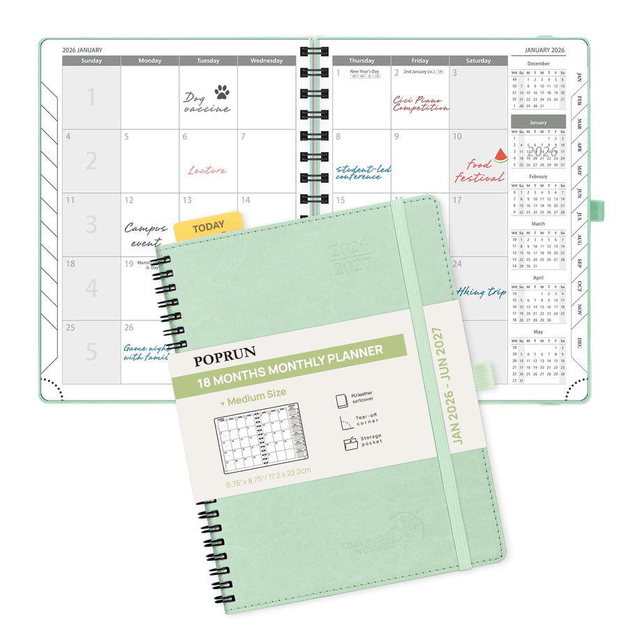 POPRUN Monthly Planner 2025-2026 Spiral Bound (8.5'' x 10.5'') 18 Months Calendar (Jul 2025 - Dec 2026) - 4 Pages per Month with Monthly Expense & Notes, Sunday Start, Leather Cover - Grey