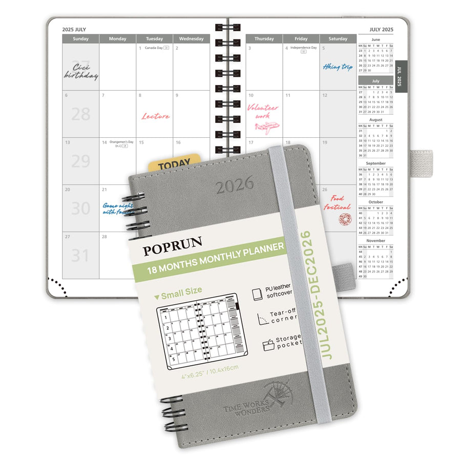 POPRUN Monthly Planner 2025-2026 Spiral Bound (8.5'' x 10.5'') 18 Months Calendar (Jul 2025 - Dec 2026) - 4 Pages per Month with Monthly Expense & Notes, Sunday Start, Leather Cover - Grey