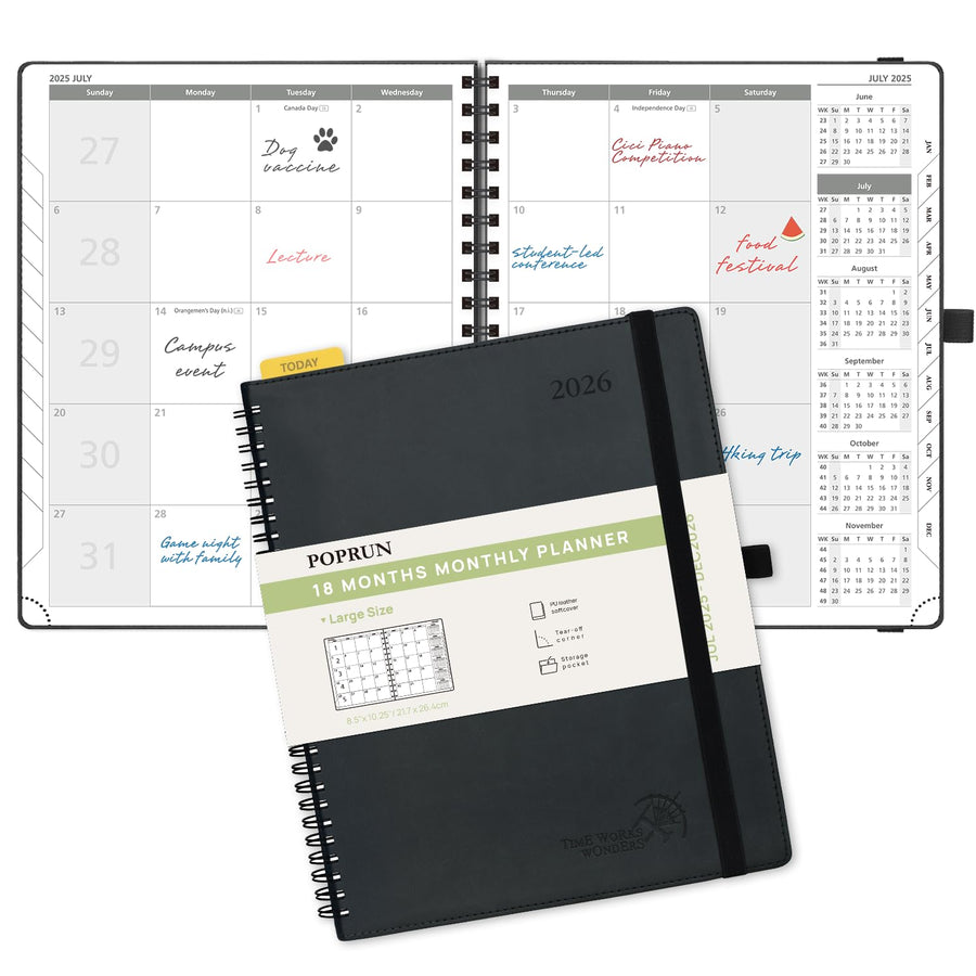 POPRUN Monthly Planner 2025-2026 Spiral Bound (8.5'' x 10.5'') 18 Months Calendar (Jul 2025 - Dec 2026) - 4 Pages per Month with Monthly Expense & Notes, Sunday Start, Leather Cover - Grey