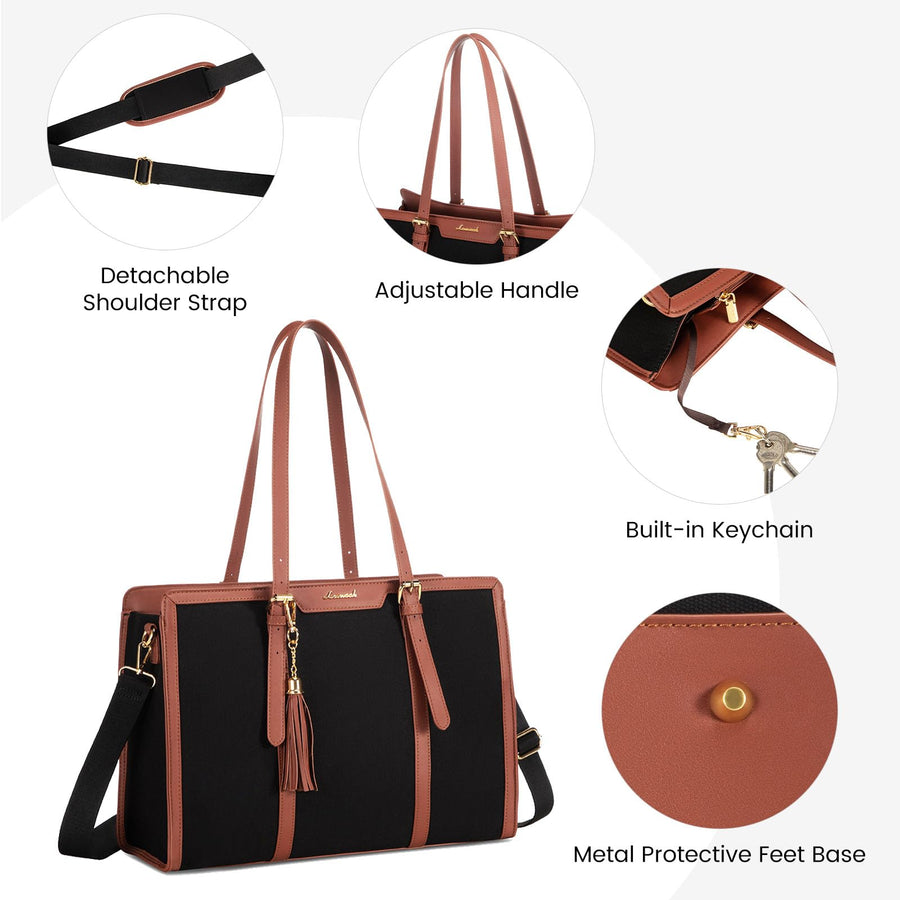 15.6-inch Canvas Laptop Tote with Clutch for Women - Lightweight, Large Capacity for Work, Travel, School