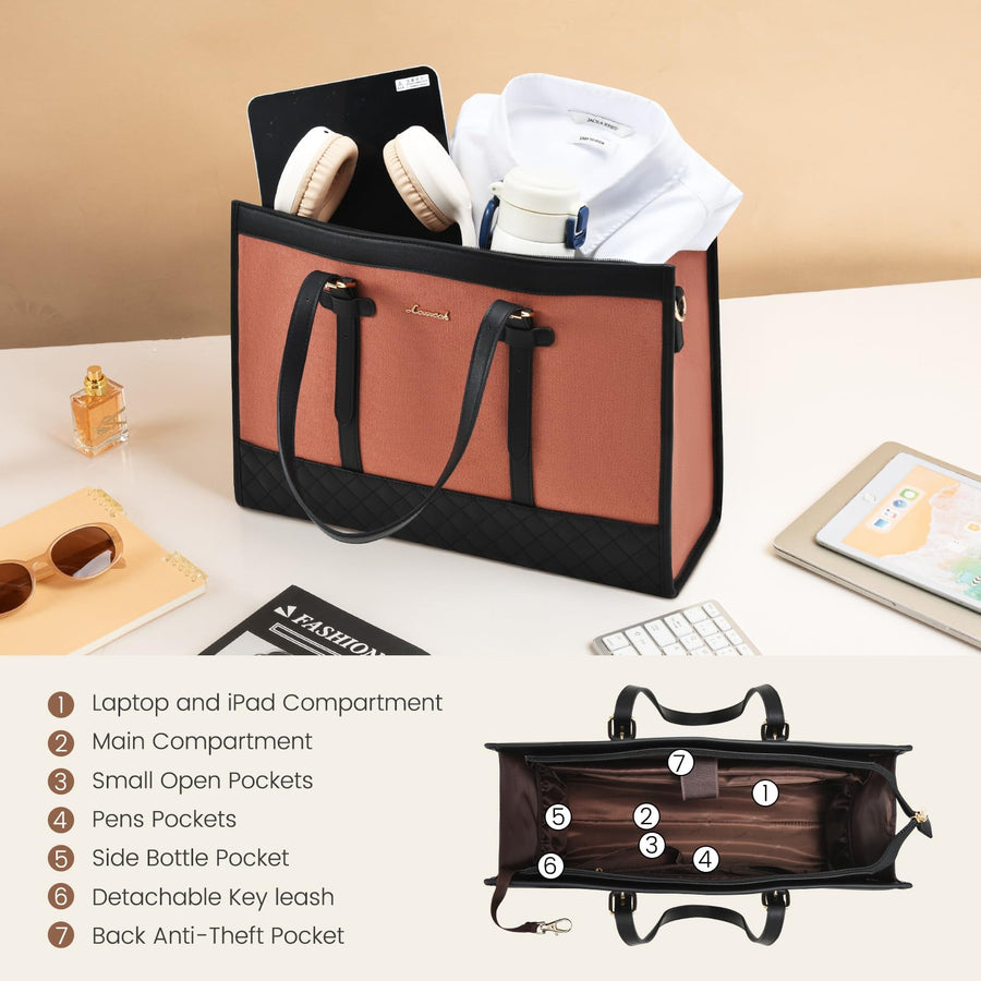Laptop Bag for Women 15.6 inch Canvas Laptop Tote Bag, Large Capacity Work Bag with Clutch Purse, Computer Bag Office Business Briefcase, Casual Handbag for Travel College Teacher School