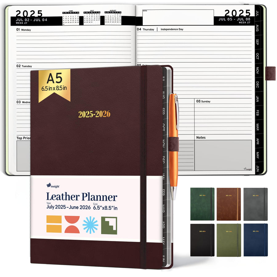 Ensight 2025-2026 HARDCOVER Leather Planner Weekly & Monthly - 8.5x11 Inches - Academic Planner Business Personal or Student - Pen Holder, Thick Paper, July 2025 - June 2026 (Brown)