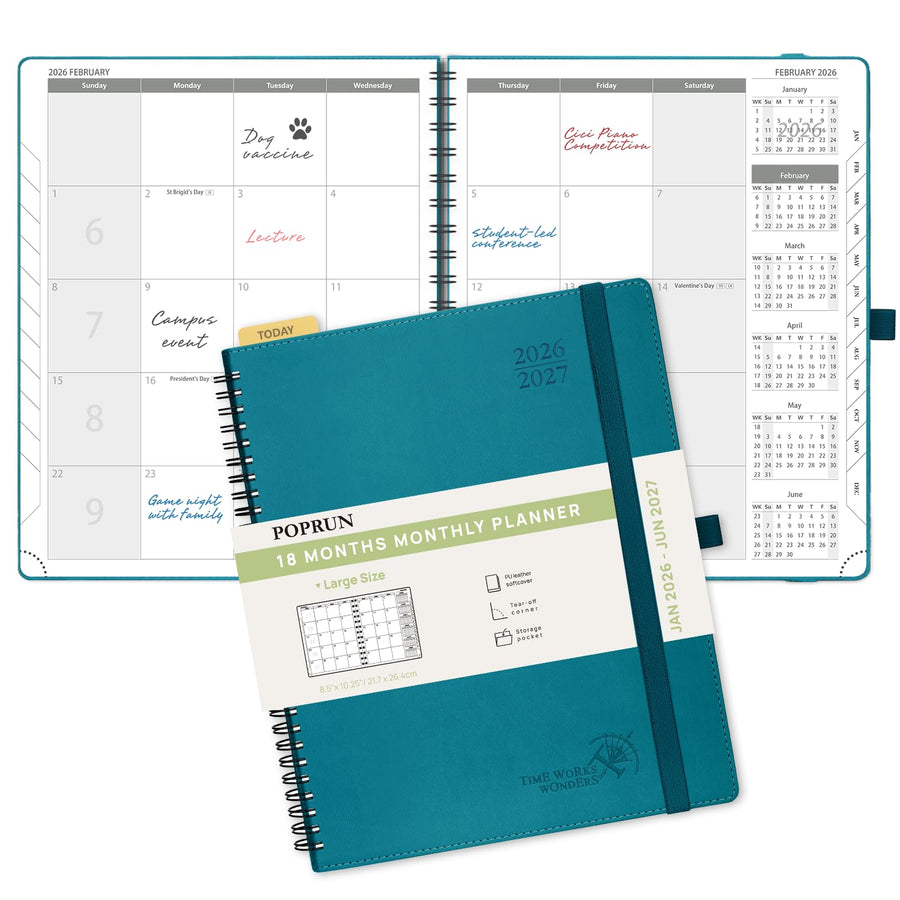 POPRUN Monthly Planner 2025-2026 Spiral Bound (8.5'' x 10.5'') 18 Months Calendar (Jul 2025 - Dec 2026) - 4 Pages per Month with Monthly Expense & Notes, Sunday Start, Leather Cover - Grey