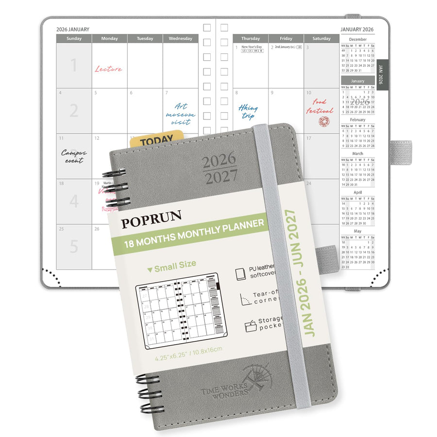 POPRUN Monthly Planner 2025-2026 Spiral Bound (8.5'' x 10.5'') 18 Months Calendar (Jul 2025 - Dec 2026) - 4 Pages per Month with Monthly Expense & Notes, Sunday Start, Leather Cover - Grey