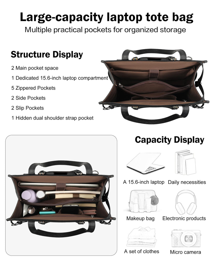 FADEON Laptop Bag for Women Designer PU Leather Large Tote Bags Packpack Purses with 15.6 Laptop Compartment Shoulder Handbag