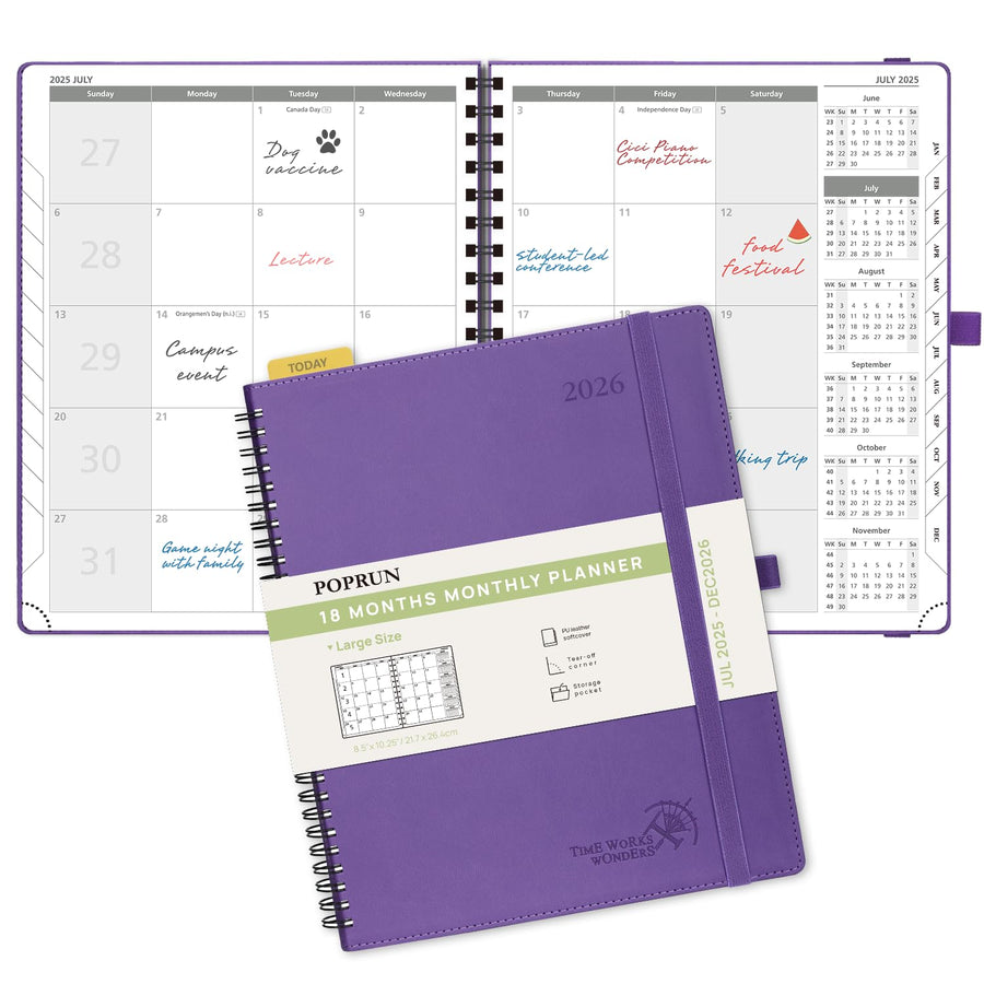 POPRUN Monthly Planner 2025-2026 Spiral Bound (8.5'' x 10.5'') 18 Months Calendar (Jul 2025 - Dec 2026) - 4 Pages per Month with Monthly Expense & Notes, Sunday Start, Leather Cover - Grey