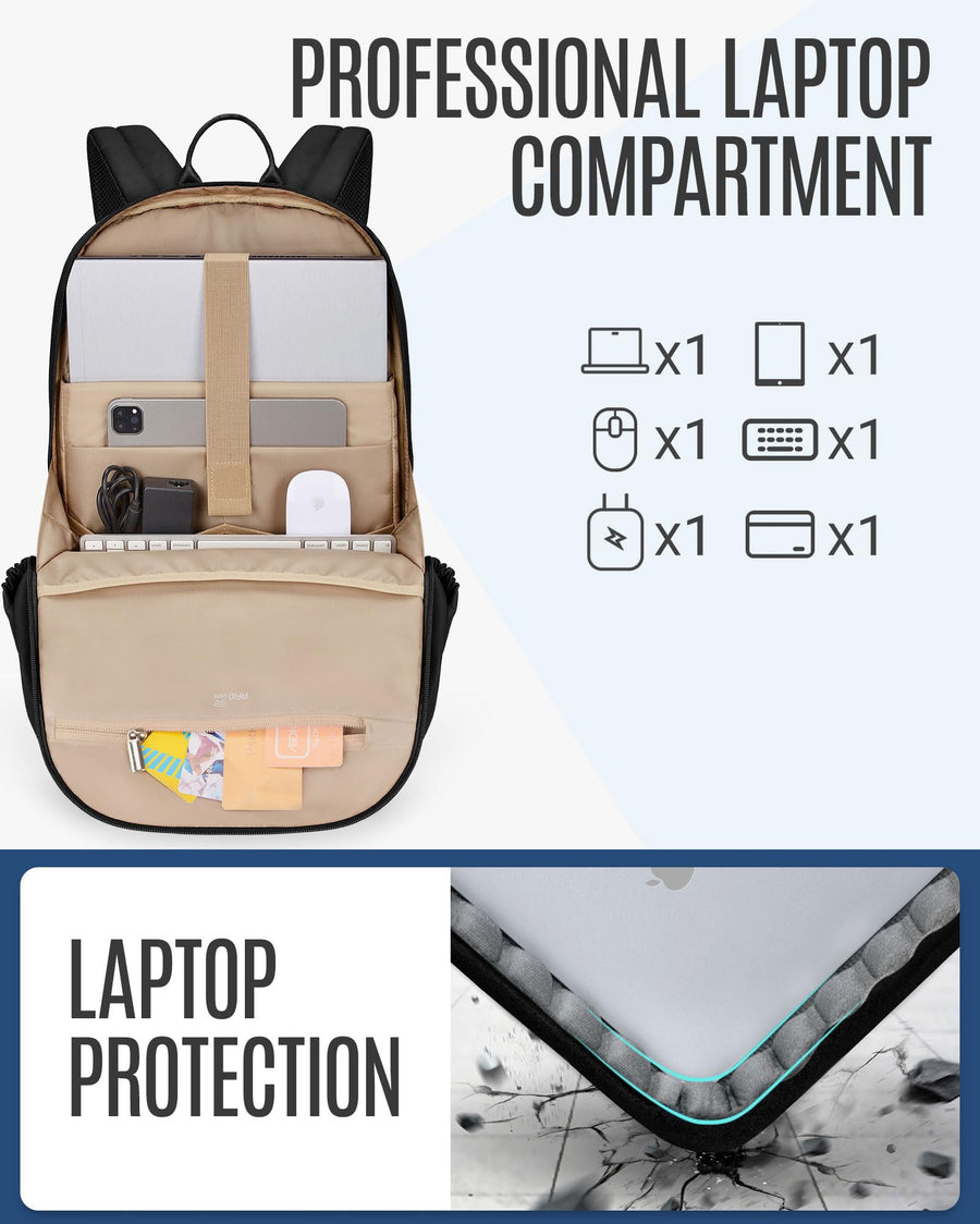 LIGHT FLIGHT Travel Laptop Backpack Women, 15.6 Inch Laptop Backpack with USB Charging Hole, Water Resistant College Bookbag, Black Computer Backpacks for Work, Champagne