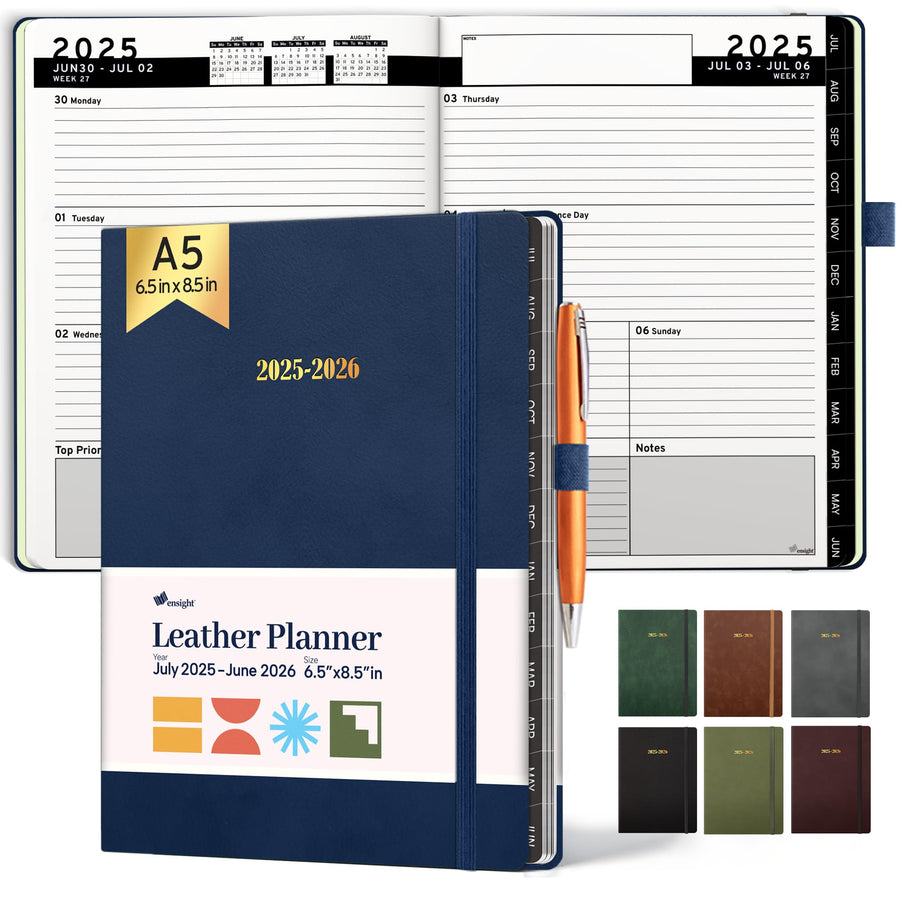 Ensight 2025-2026 HARDCOVER Leather Planner Weekly & Monthly - 8.5x11 Inches - Academic Planner Business Personal or Student - Pen Holder, Thick Paper, July 2025 - June 2026 (Brown)