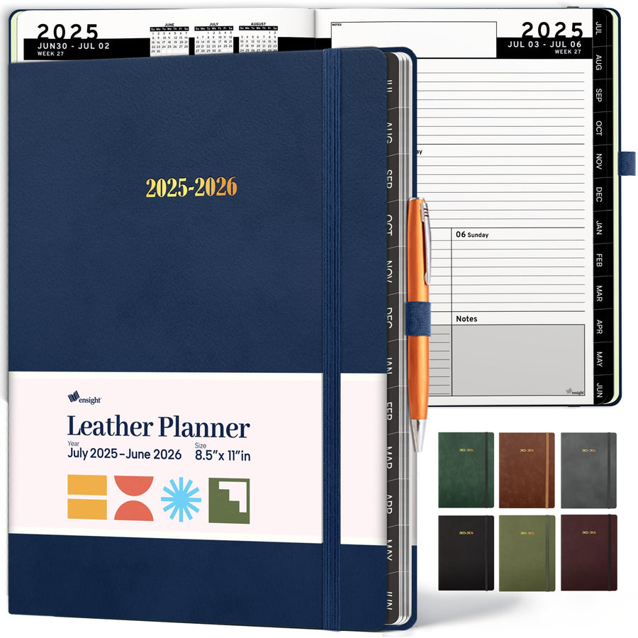 Ensight 2025-2026 HARDCOVER Leather Planner Weekly & Monthly - 8.5x11 Inches - Academic Planner Business Personal or Student - Pen Holder, Thick Paper, July 2025 - June 2026 (Brown)
