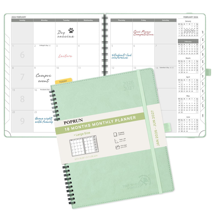 POPRUN Monthly Planner 2025-2026 Spiral Bound (8.5'' x 10.5'') 18 Months Calendar (Jul 2025 - Dec 2026) - 4 Pages per Month with Monthly Expense & Notes, Sunday Start, Leather Cover - Grey