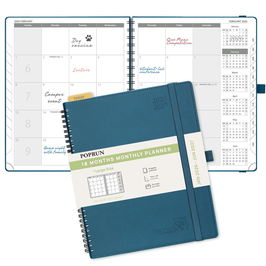 POPRUN Monthly Planner 2025-2026 Spiral Bound (8.5'' x 10.5'') 18 Months Calendar (Jul 2025 - Dec 2026) - 4 Pages per Month with Monthly Expense & Notes, Sunday Start, Leather Cover - Grey