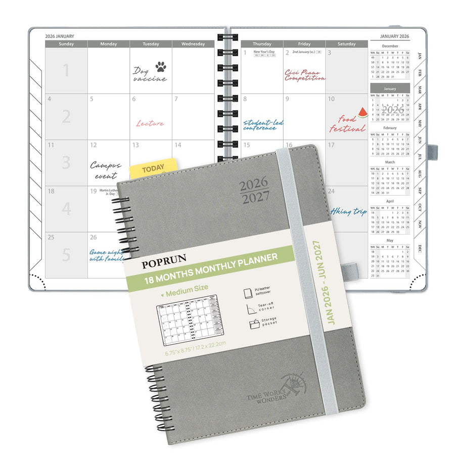 POPRUN Monthly Planner 2025-2026 Spiral Bound (8.5'' x 10.5'') 18 Months Calendar (Jul 2025 - Dec 2026) - 4 Pages per Month with Monthly Expense & Notes, Sunday Start, Leather Cover - Grey