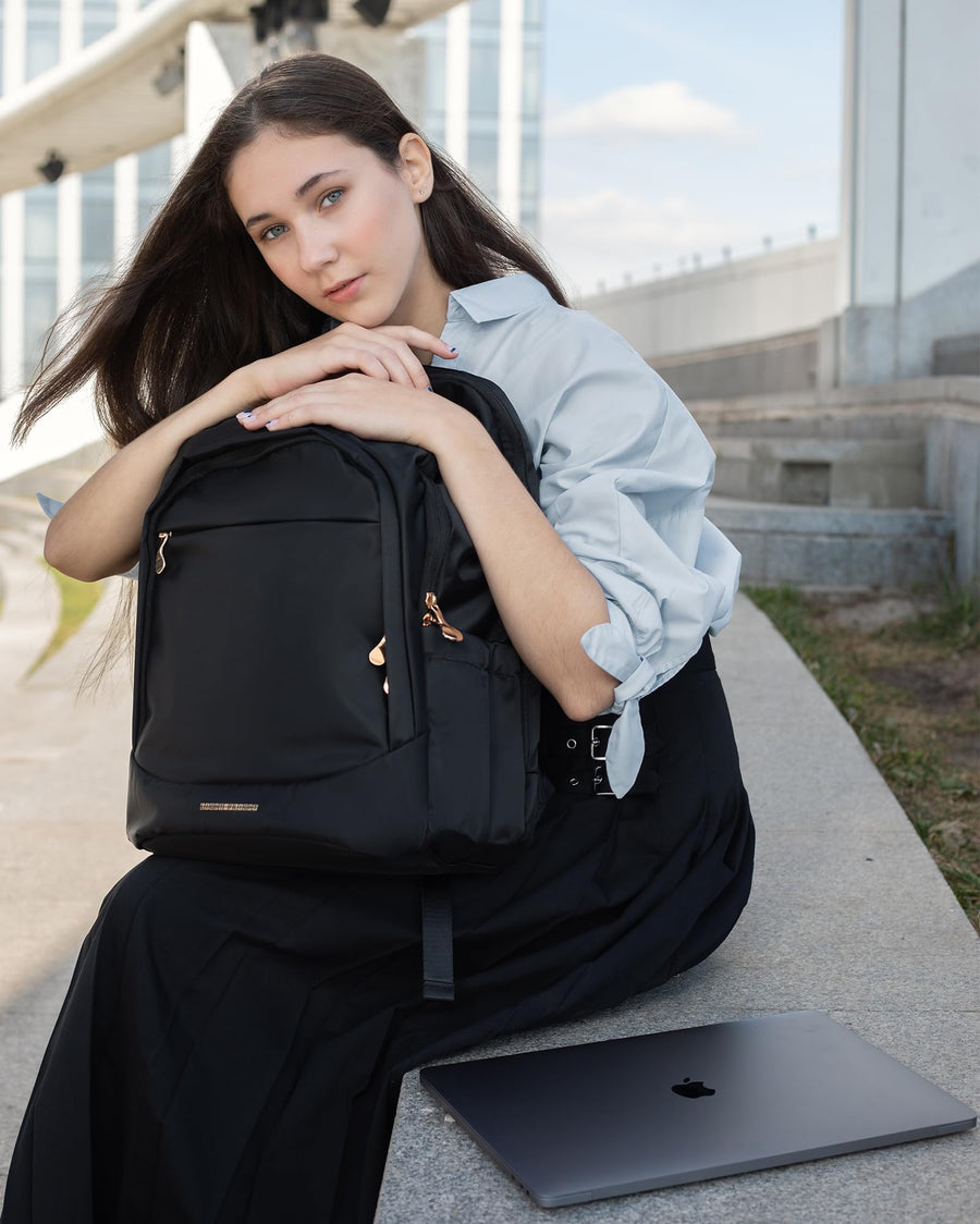 LIGHT FLIGHT Travel Laptop Backpack Women, 15.6 Inch Laptop Backpack with USB Charging Hole, Water Resistant College Bookbag, Black Computer Backpacks for Work, Champagne