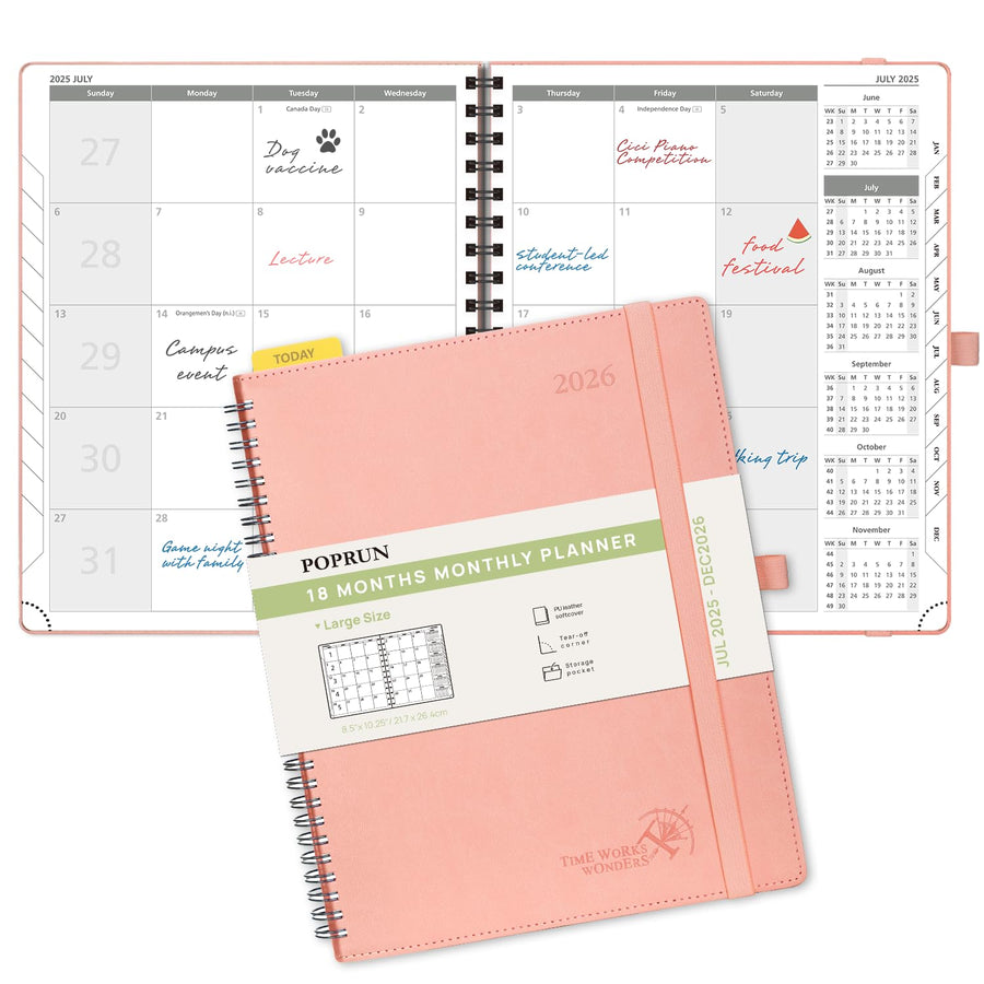 POPRUN Monthly Planner 2025-2026 Spiral Bound (8.5'' x 10.5'') 18 Months Calendar (Jul 2025 - Dec 2026) - 4 Pages per Month with Monthly Expense & Notes, Sunday Start, Leather Cover - Grey