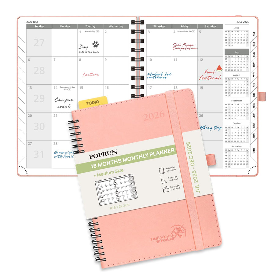 POPRUN Monthly Planner 2025-2026 Spiral Bound (8.5'' x 10.5'') 18 Months Calendar (Jul 2025 - Dec 2026) - 4 Pages per Month with Monthly Expense & Notes, Sunday Start, Leather Cover - Grey