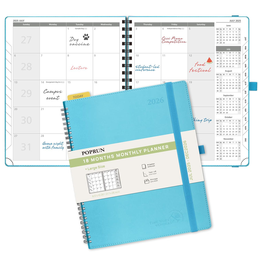 POPRUN Monthly Planner 2025-2026 Spiral Bound (8.5'' x 10.5'') 18 Months Calendar (Jul 2025 - Dec 2026) - 4 Pages per Month with Monthly Expense & Notes, Sunday Start, Leather Cover - Grey